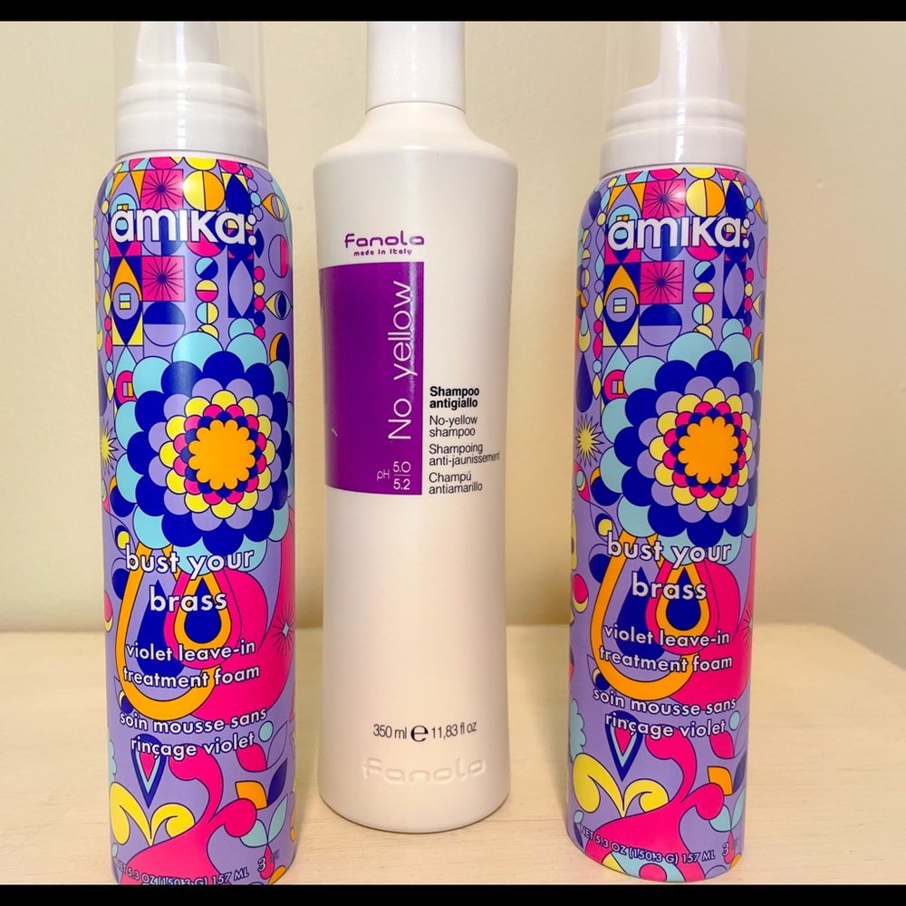 Amika set of 2 Bust your brass purple foam & Fanola no yellow purple shampoo